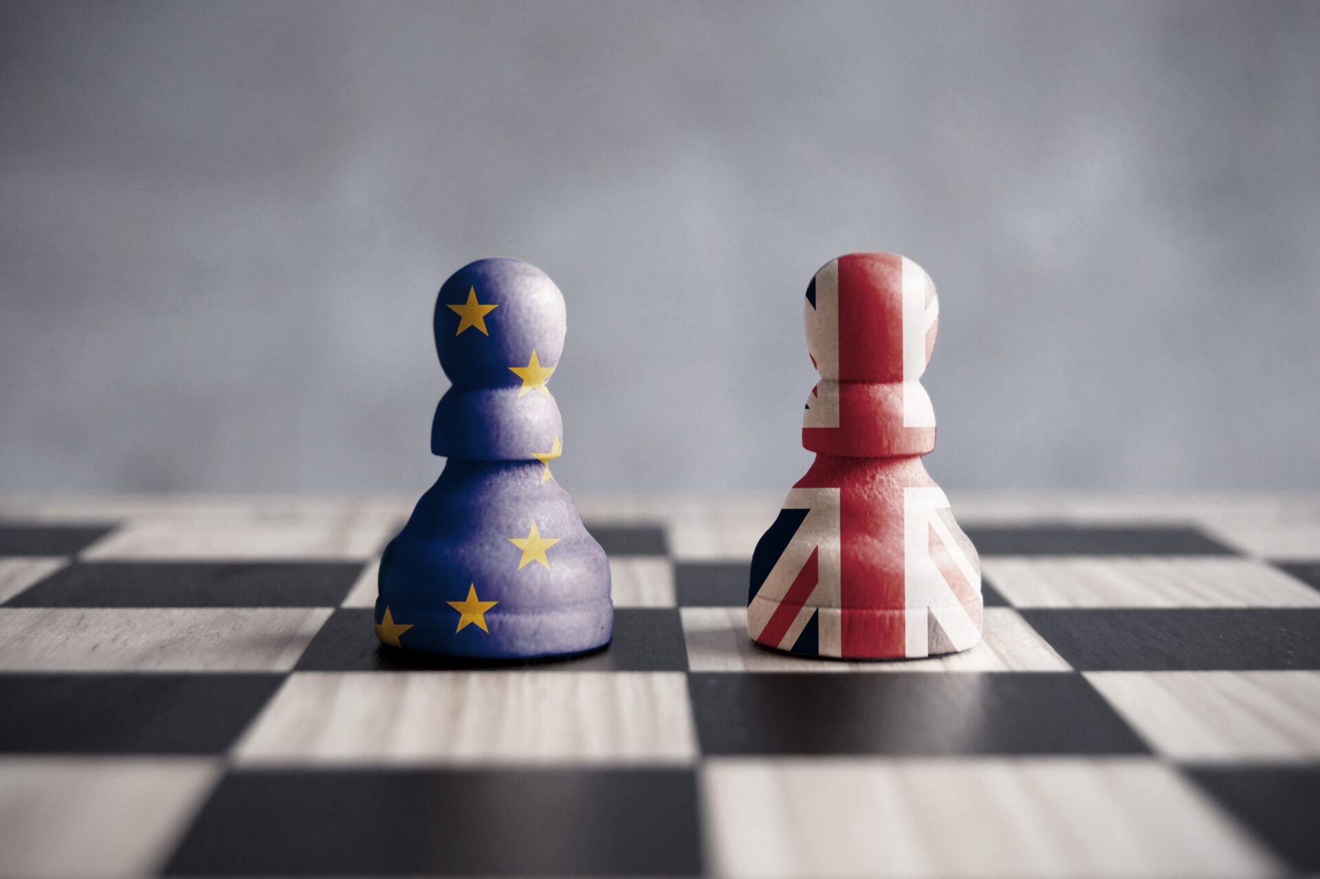 Photo of two chess pieces, one with the British Flag and one with the European flag