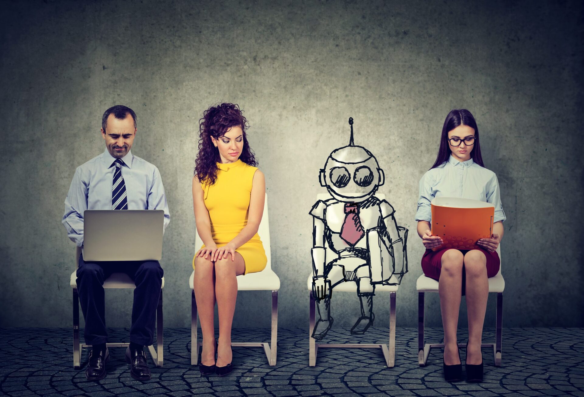 Photo of a robot sat amongst other people at a job interview